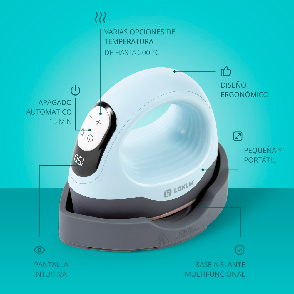 01 - ImPress Mini 3 - Features - Blue - ES Características de la prensa térmica LOKLiK ImPress™ Mini 3 01